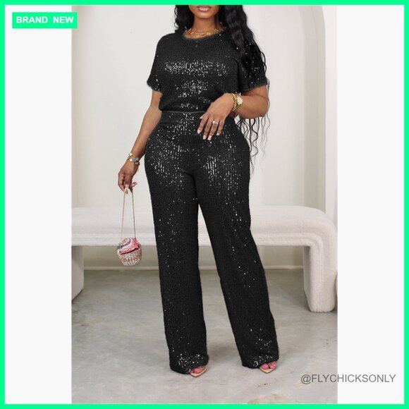 Sequin 2 Piece Outfit Cap Sleeve Versatile Dressy Sparkle Pants Set - Picture 7 of 7